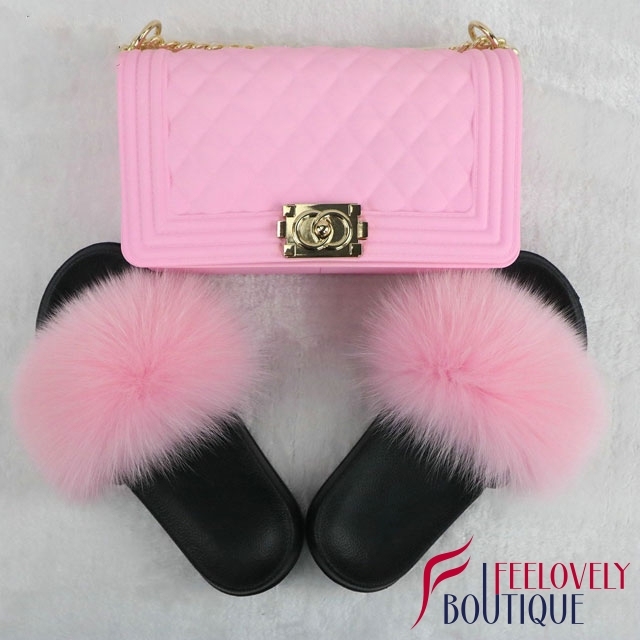 Solid Color Fur Slides And Jelly Bag Set