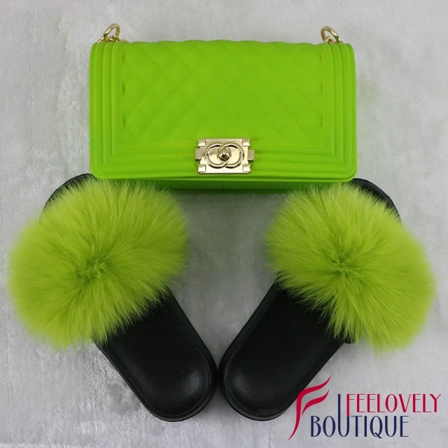 Solid Color Fur Slides And Jelly Bag Set