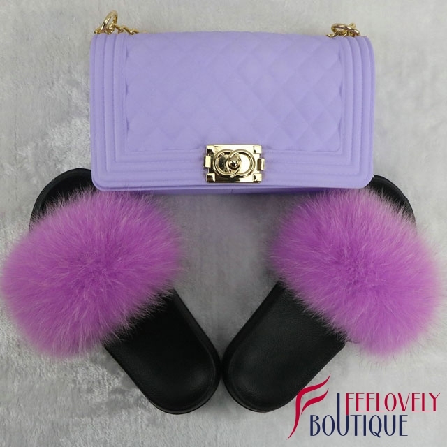 Solid Color Fur Slides And Jelly Bag Set
