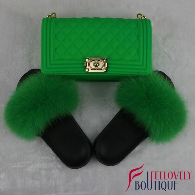 Solid Color Fur Slides And Jelly Bag Set