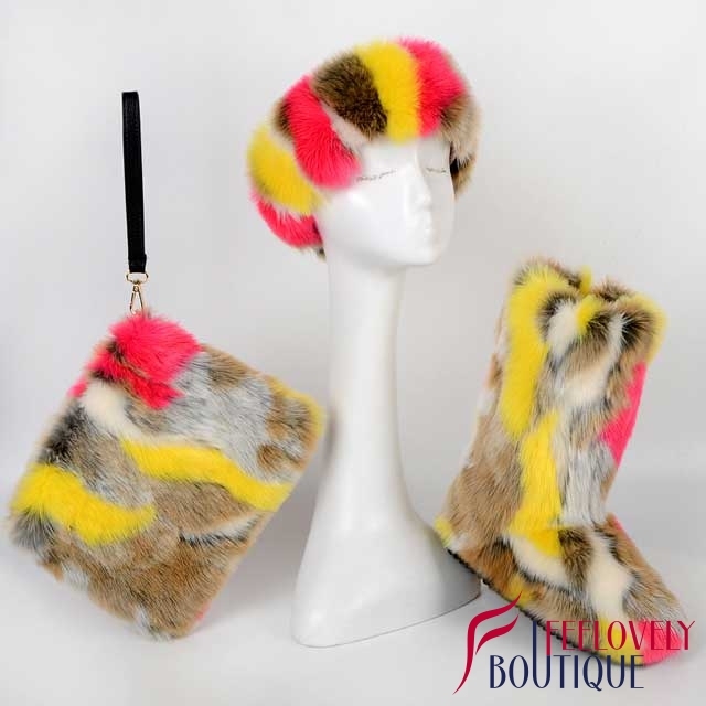 Multi-Color Fur Boots Set(fur boot+headband+handbag)