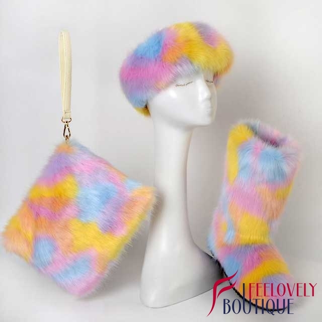 Multi-Color Fur Boots Set(fur boot+headband+handbag)