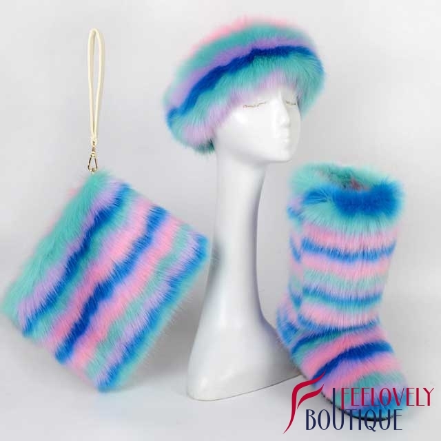 Multi-Color Fur Boots Set(fur boot+headband+handbag)