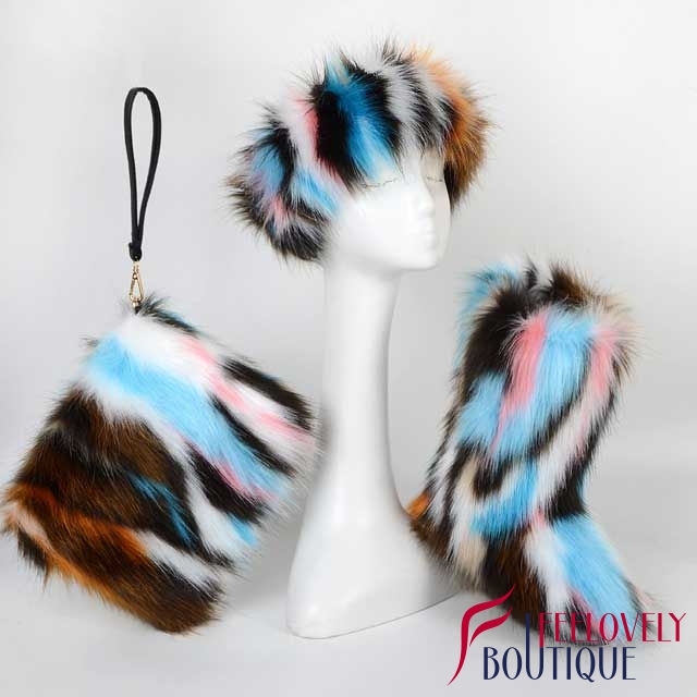 Multi-Color Fur Boots Set(fur boot+headband+handbag)