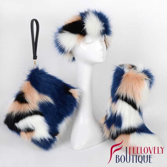 Multi-Color Fur Boots Set(fur boot+headband+handbag)