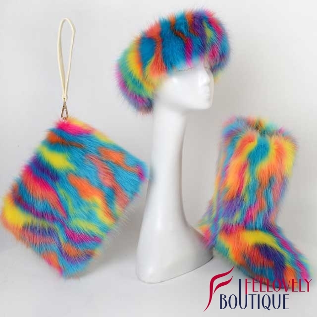 Multi-Color Fur Boots Set(fur boot+headband+handbag)