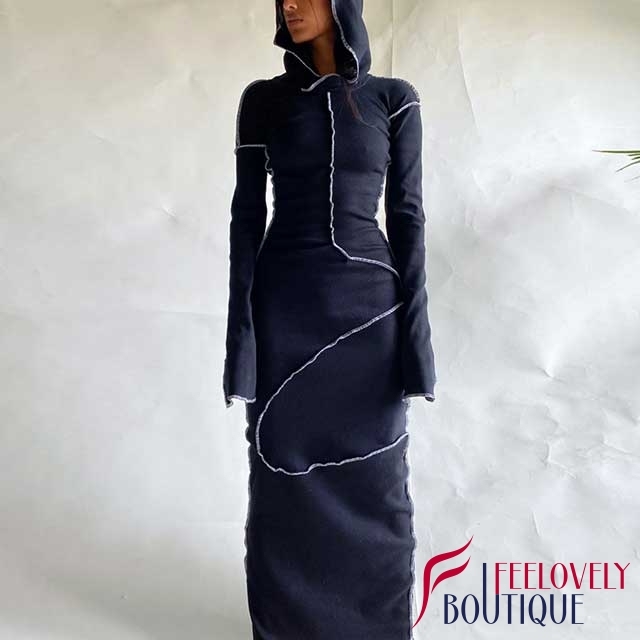 Bell Sleeve Striped Hooded Maxi Dress
