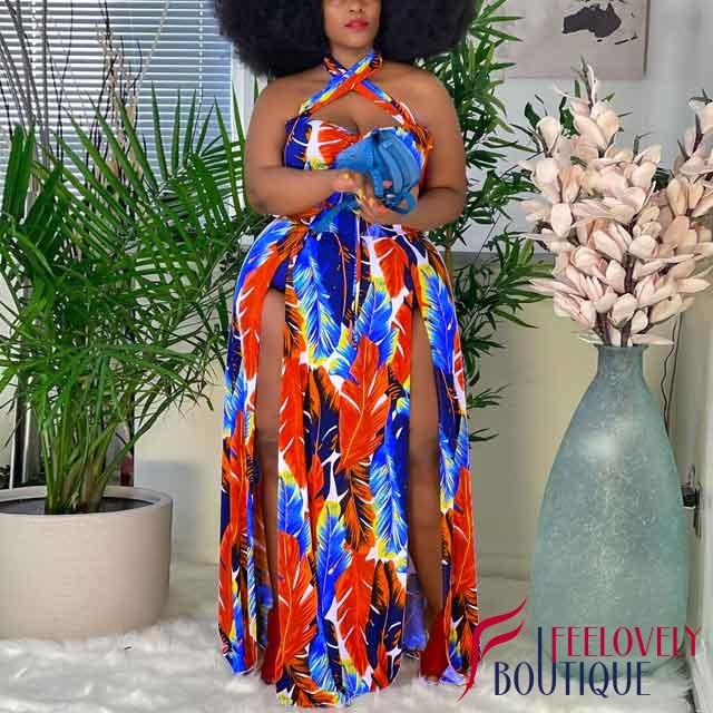 Plus Size Leaf Print High Split Maxi Dress