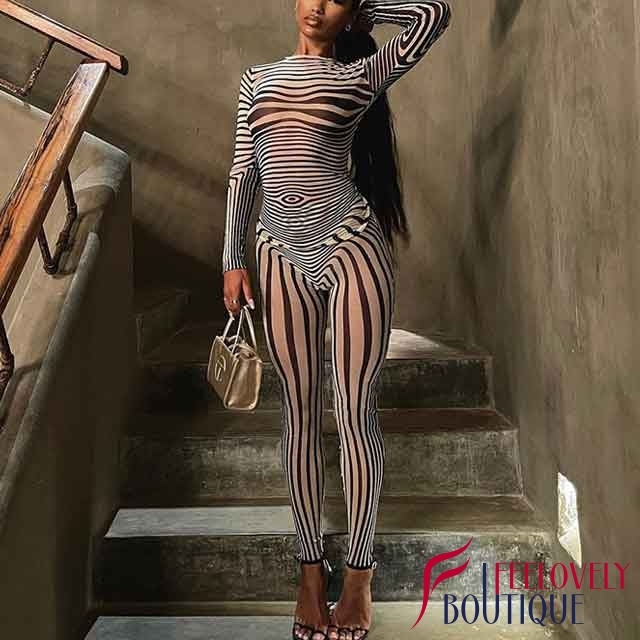 Mesh Striped Casual Pants Set