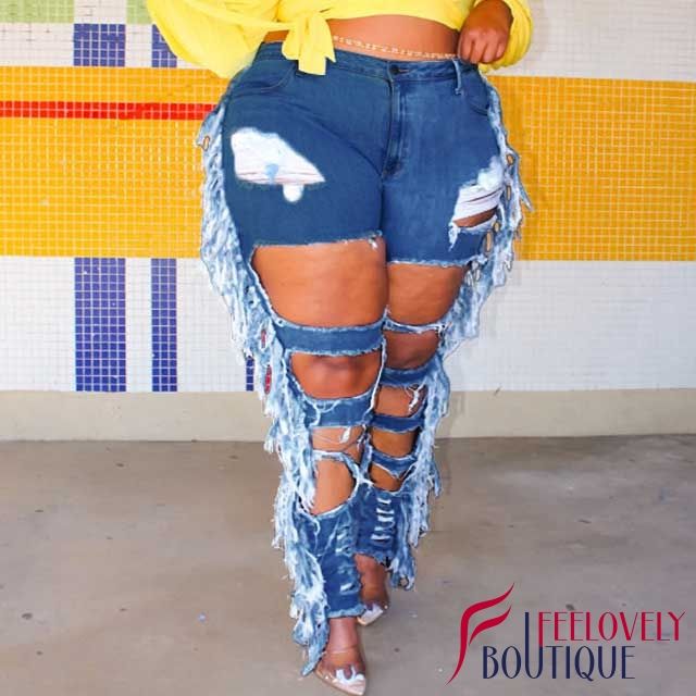 Plus Size Destroyed Fringe Jeans
