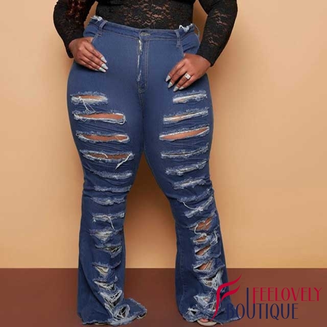 Plus Size Broken Hole Bell Jeans