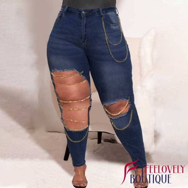 Plus Size Chain Hollow Out Jeans