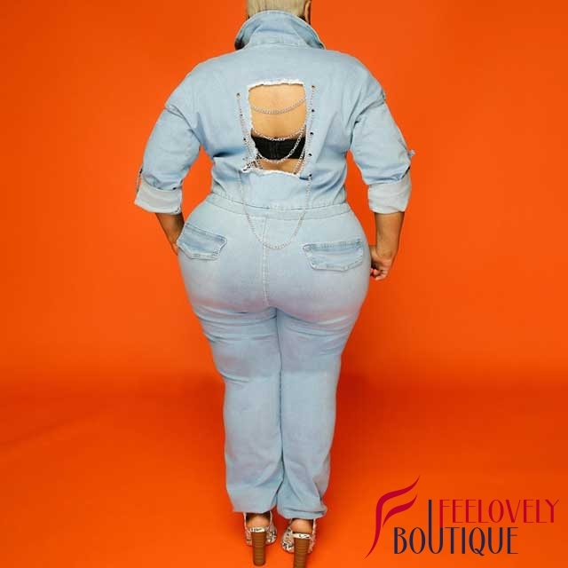 Plus Size Chain Hollow Out Jeans Jumpsuit