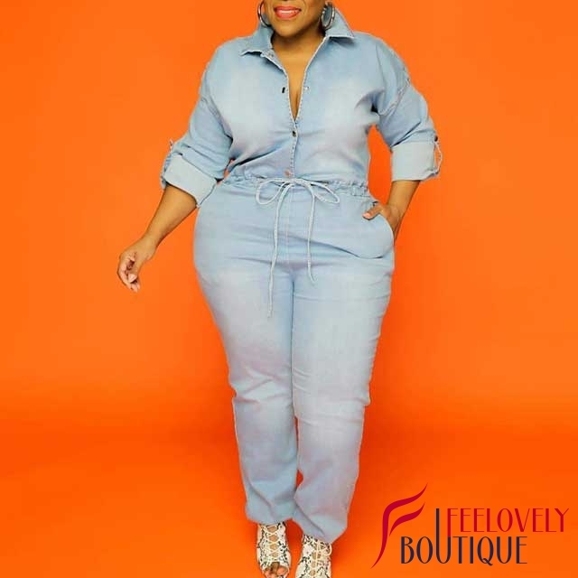 Plus Size Chain Hollow Out Jeans Jumpsuit