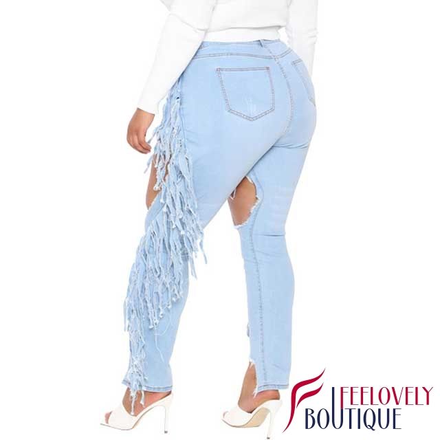 Plus Size Hollow Out Fringe Jeans