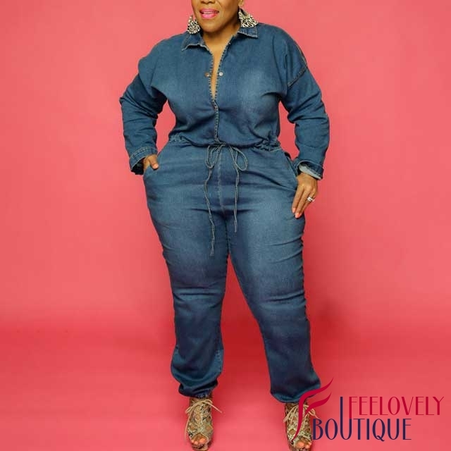 Plus Size Chain Hollow Out Jeans Jumpsuit