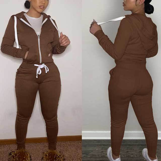 Zipper Top Casual Tracksuit Set(plus velvet,thickening)