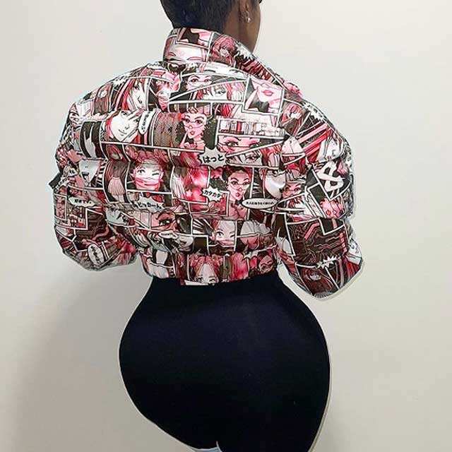 Cartoon Print Zipper Down Jacket