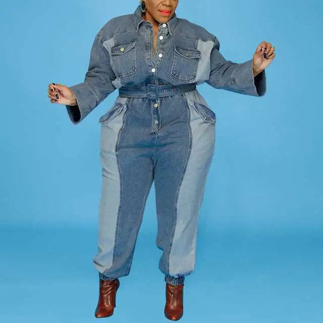 Plus Size Color Block Jeans Jumpsuit