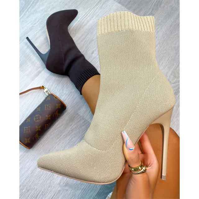 Pointed Toe Knitted High Heeled Boots