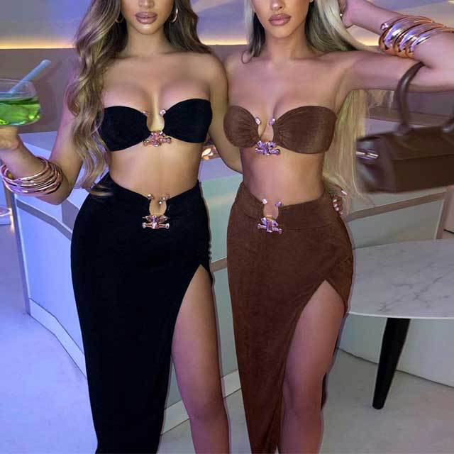 Strapless Crop Top Slit Skirt Set