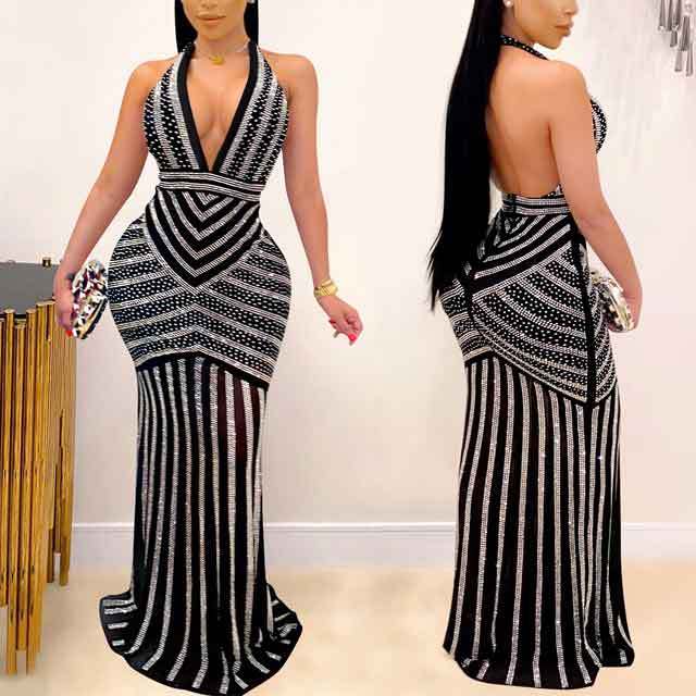 Rhinestones Backless Maxi Dress