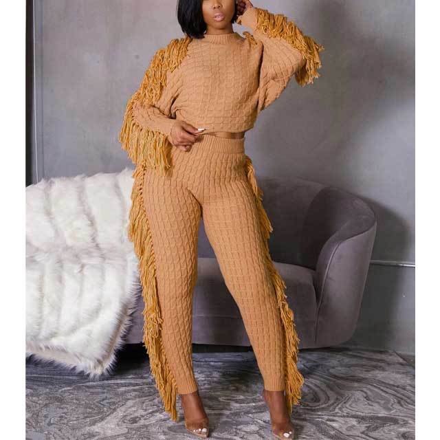 Knitted Fringe Two Piece Pants Set