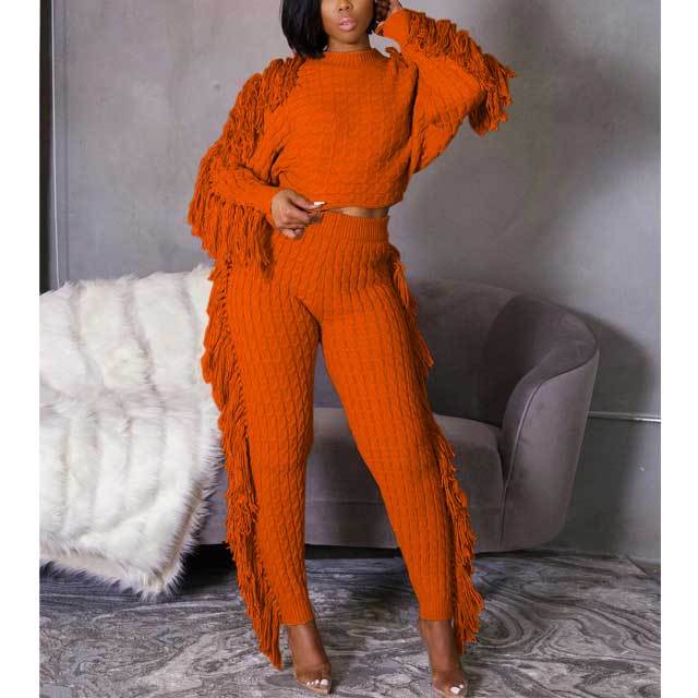 Knitted Fringe Two Piece Pants Set