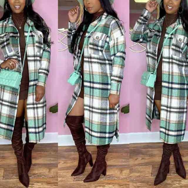 Button Plaid Trench Coat