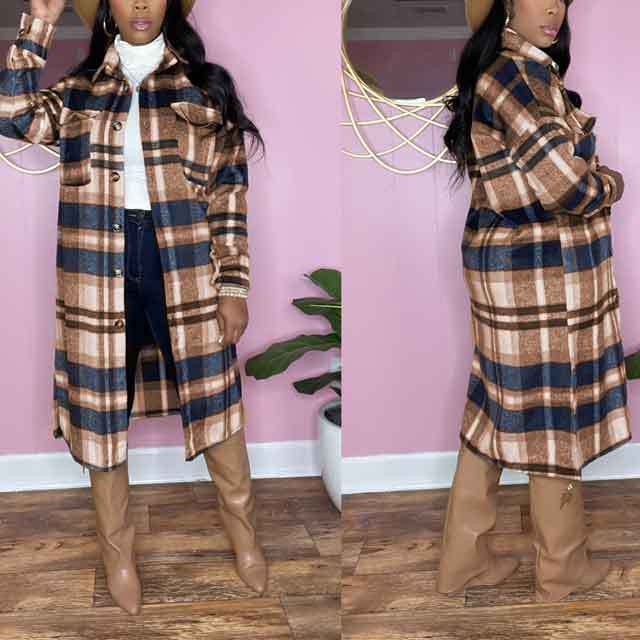 Button Plaid Trench Coat