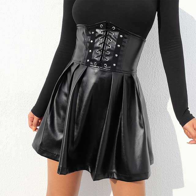 High Waist Leather Corset Pleated Skirt