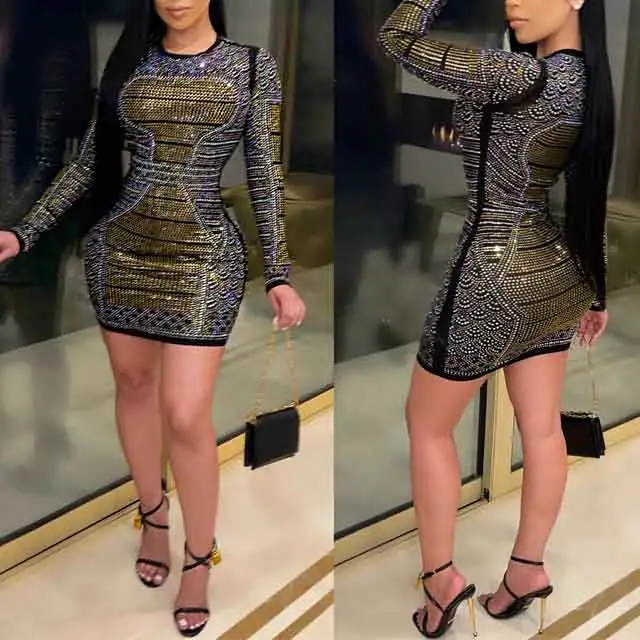 Rhinestones Long Sleeve Bodycon Dress