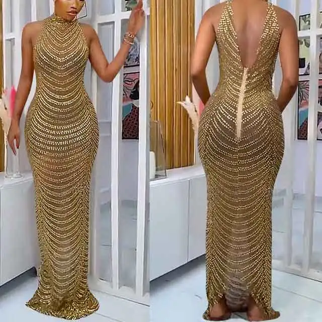 Rhinestones Mesh Backless Maxi Dress