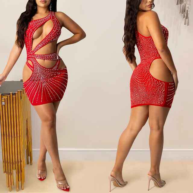 Rhinestones Mesh Hollow Out Dress(underwear included)