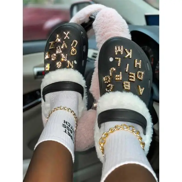 Alphabet Rhinestones Fuzzy Liner Casual Clogs