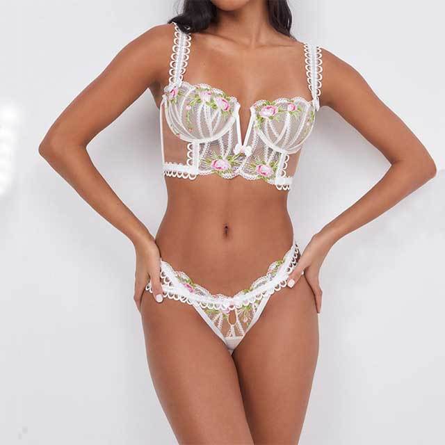Floral Embroidery Mesh Bra Set