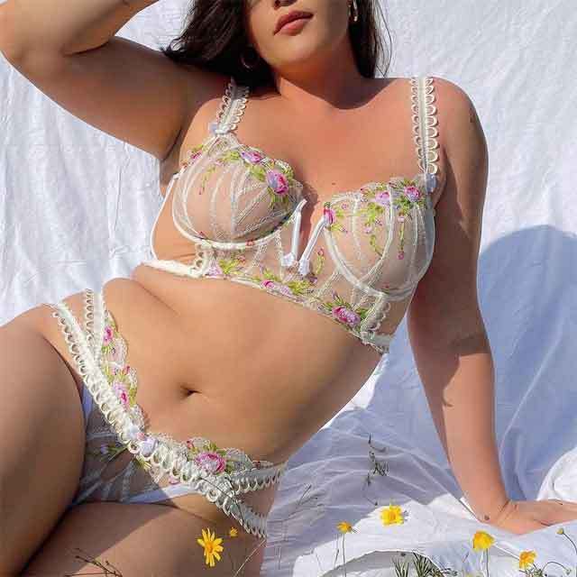 Floral Embroidery Mesh Bra Set