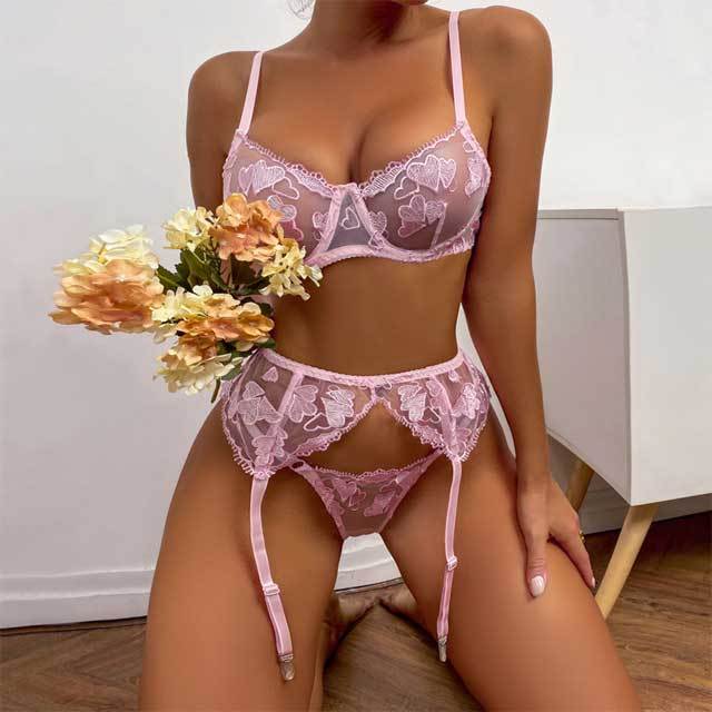 Embroidery Mesh 3 Piece Bra Set