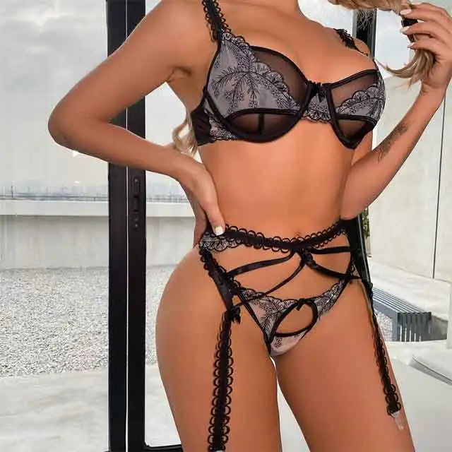 Embroidery Mesh 3 Piece Bra Set