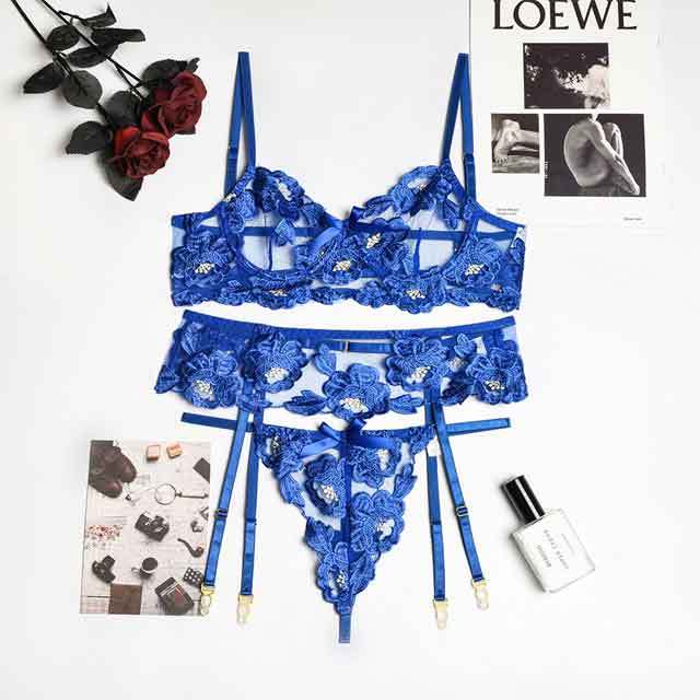 Embroidery Mesh 3 Piece Bra Set