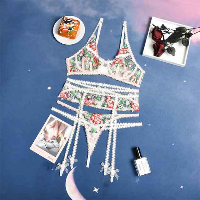 See Through Floral Embroidery Bra Set(3 piece set)