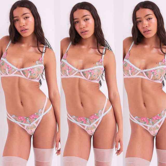See Through Floral Embroidery Bra Set(3 piece set)