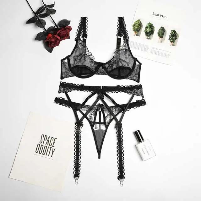 Embroidery Mesh 3 Piece Bra Set