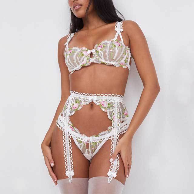 Floral Embroidery 3 Piece Lingerie Set