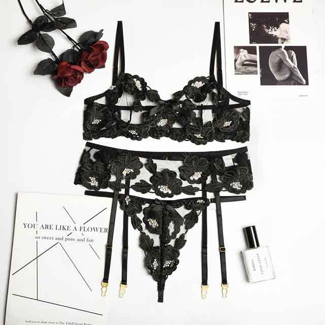 Embroidery Mesh 3 Piece Bra Set