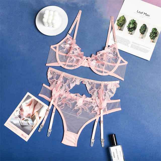 Embroidery Mesh 3 Piece Bra Set