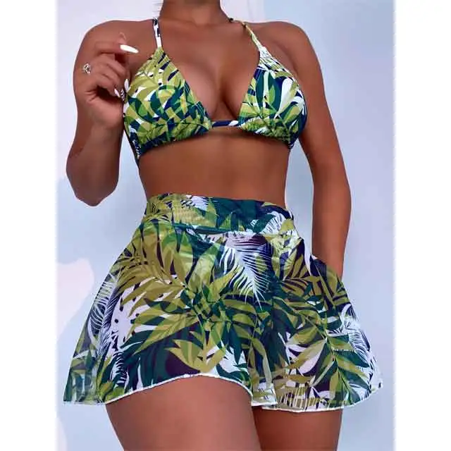 Leaf Print 3 Piece Bikini Set