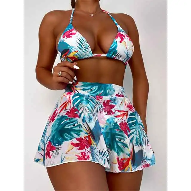 Leaf Print 3 Piece Bikini Set