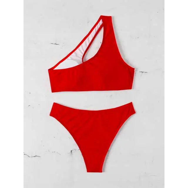 Single Shoulder Hollow Out Bikini Swimsuit