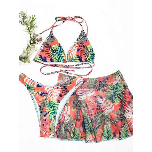 Leaf Print 3 Piece Bikini Set